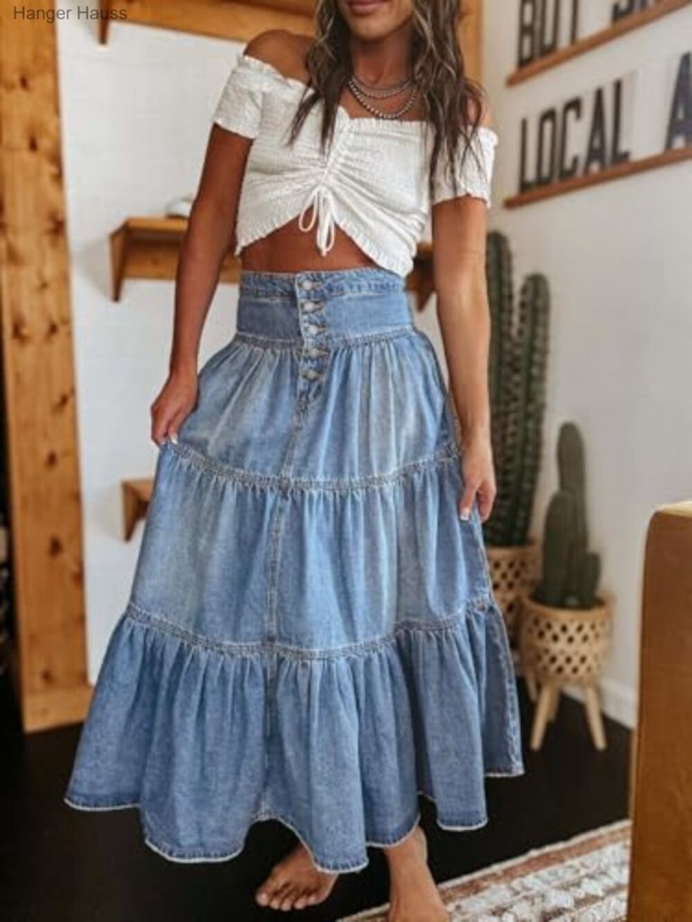 High Waist Long Denim Tiered Ruffle Swing A-Line Maxi Skirt with Pockets - Picture 6 of 7